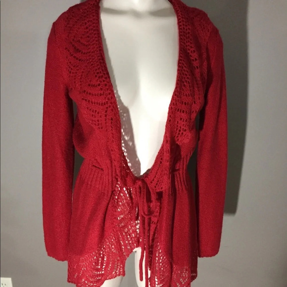 Elle Red Sweater With Crochet Lace edges and Tie Front XS - Picture 1 of 10